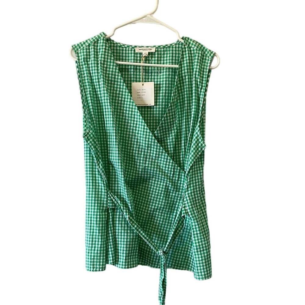 Beach Lunch Lounge Green Gingham Sleeveless Tie Blouse Large NWT